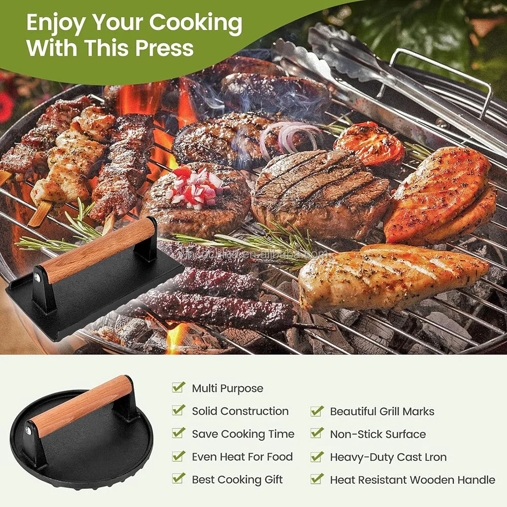Burger Press Cast Iron Smash Bacon Press Round & Rectangle Cast Iron Grill Press With Wooden Handle for Blackstone Griddle