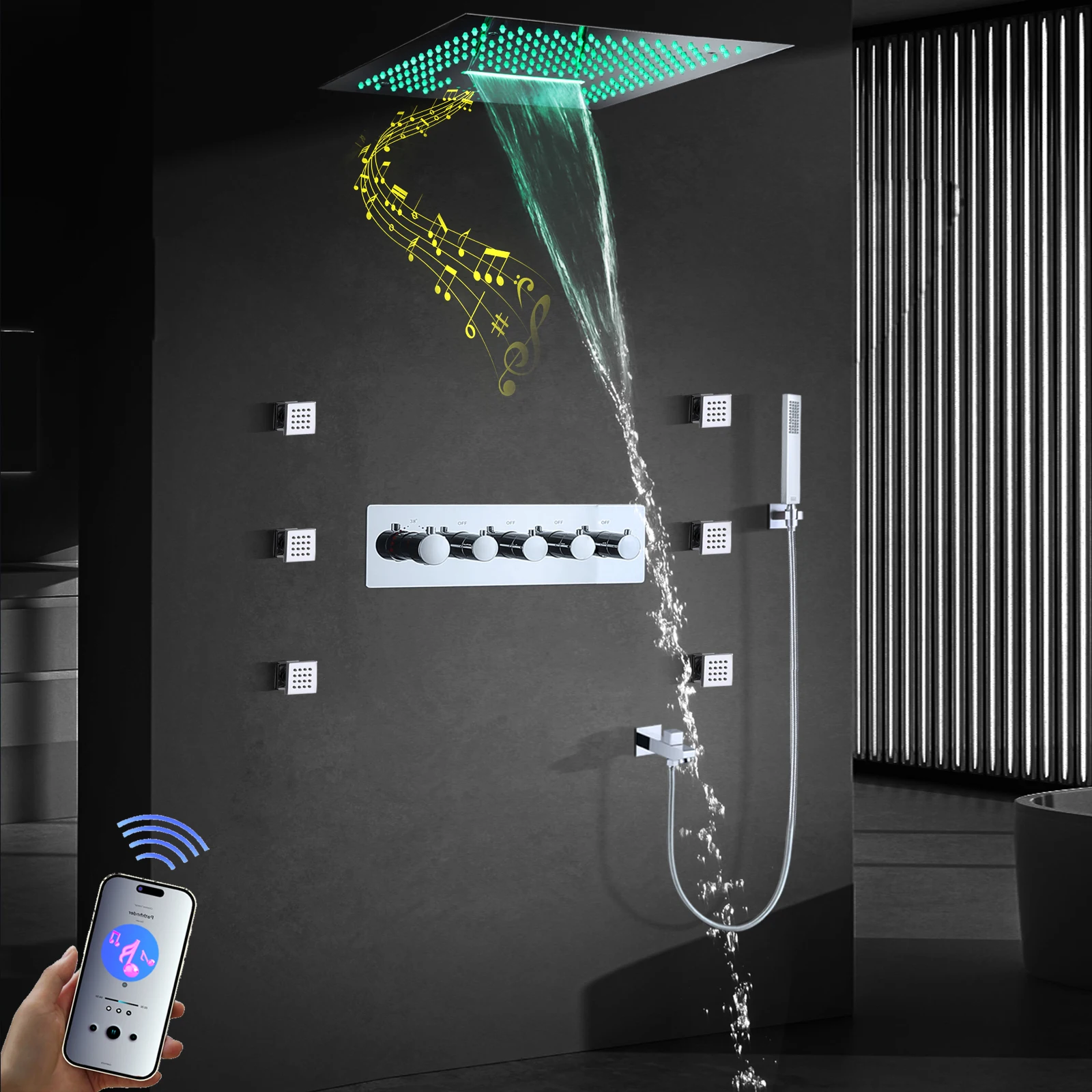 304 Stainless Steel 400*400mm LED Shower Head with Music System Thermostatic Main Body Bathroom Chrome Shower Faucet Set