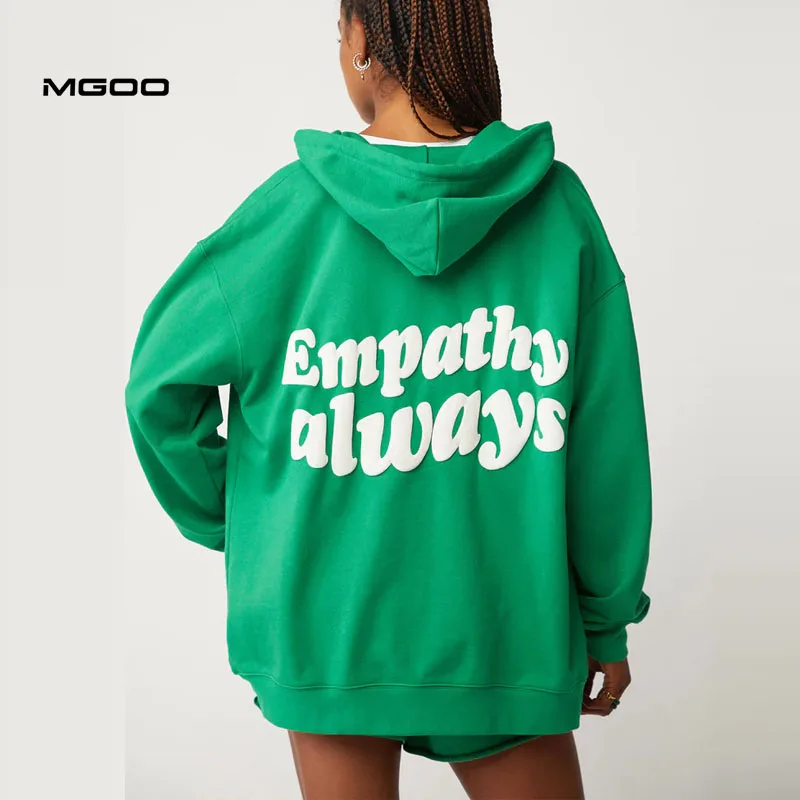 GOO Screen Printed Slogan Hoodie Custom Cotton Zip Up Hoodie For Women