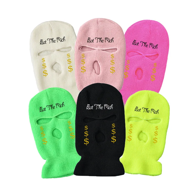 Custom Wholesale Black White Yellow Acrylic Full Face Mask Headwear Knitted Beanie Hat 3 Hole Ski Mask Balaclava get the rich