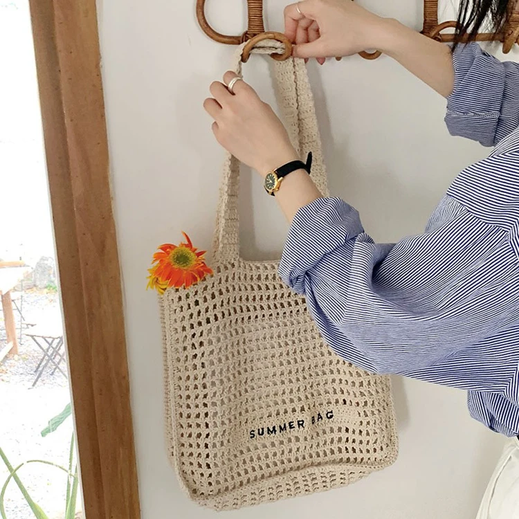 Factory Custom New Style Large Capacity Shopping Hollow Out Soft Cotton Crochet Knitted Tote Bag