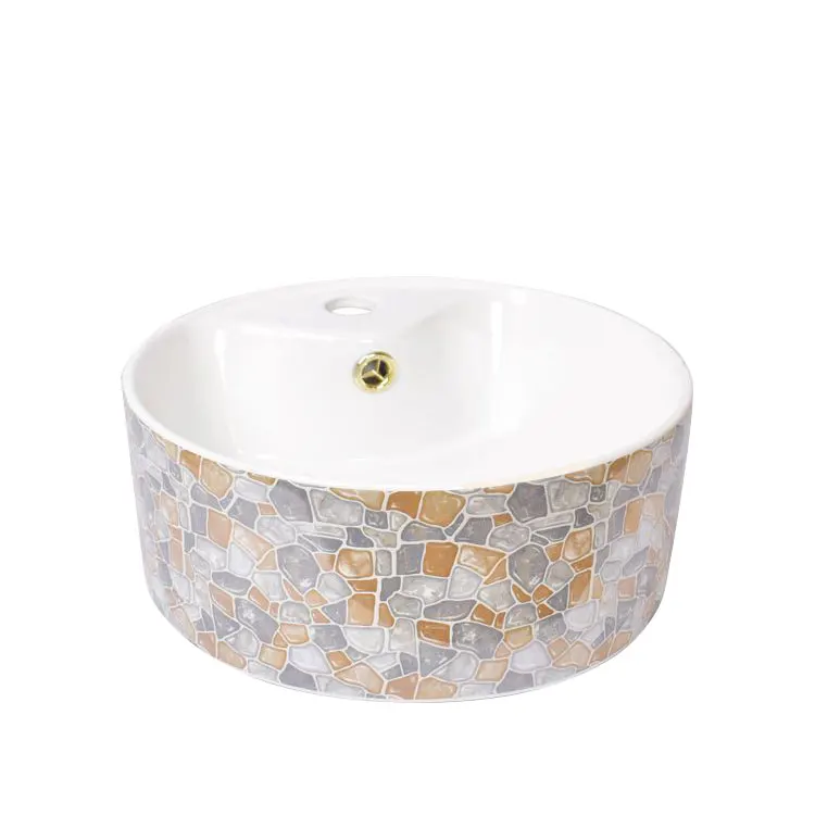 Art Basin Gold Pattern Round Countertop Ceramic Bathroom Hotel Vessel Sink Luxury