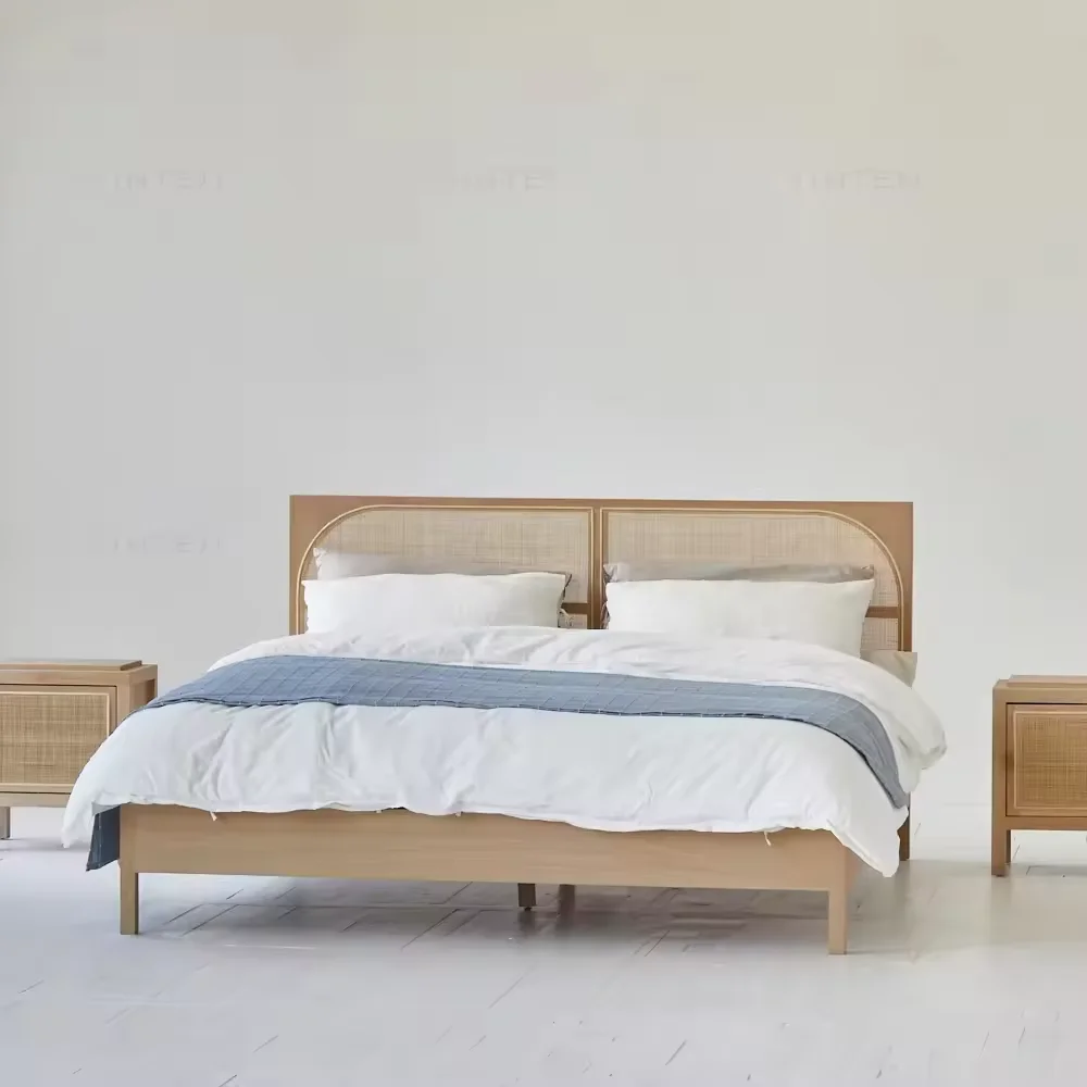 Boho Modern wabi sabi organic furniture eco-friendly solid oak rattan bedroom furniture wooden bed and sofa bed for home use