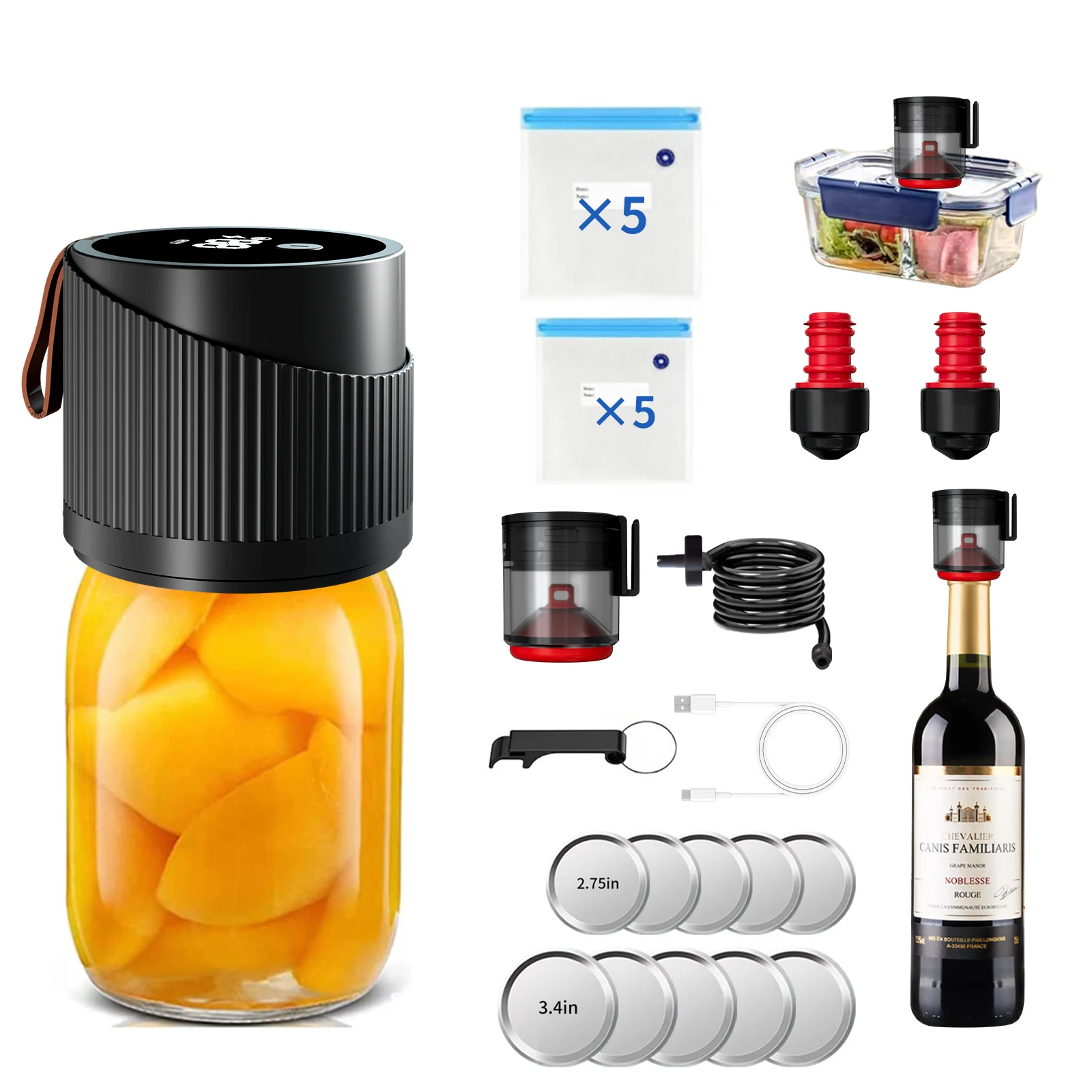 3 in 1 Electric Mason Jar Vacuum Sealer Kit with External Assembly Vacuum Pump for Food Storage with Vacuum Bag Wine Bottle