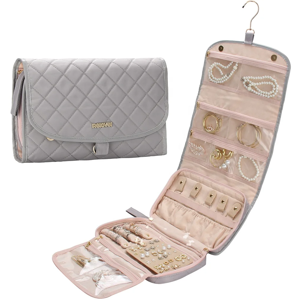 Relavel Large Hanging Jewelry Roll Bag Travel Jewelry Organizer with Zipper Pockets for Rings, Earrings, Necklaces, Bracelets,
