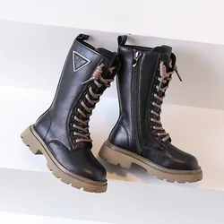 Girls High Boots Kids Fashion Solid Black Uniform Party Shoes Zip Winter Warm Breathable Low Heels Children Boots