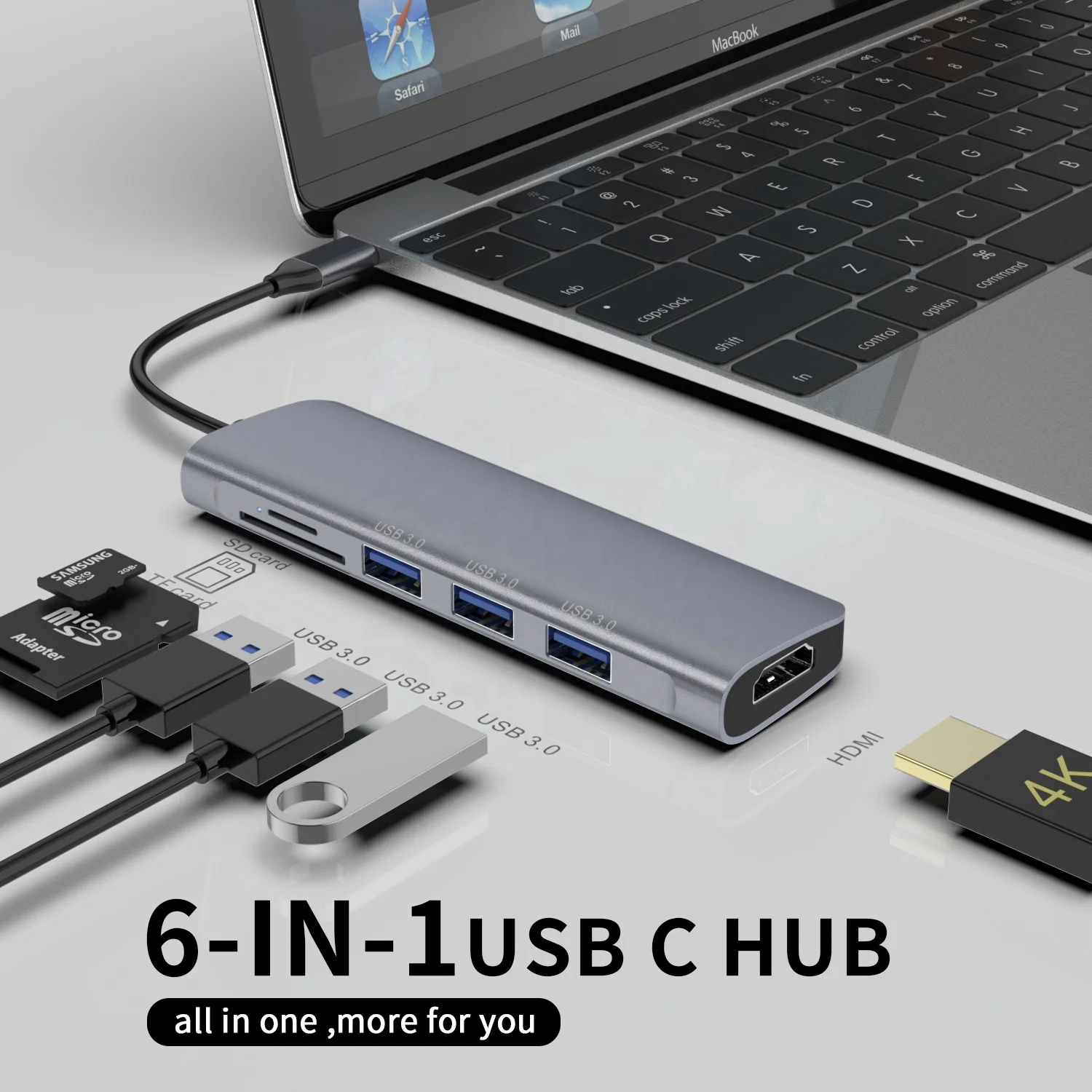 Алюминиевая многопортовая док-станция 6 в 1 3 * USB-A SD-карта/TF карта/HDMI USB-концентраторы для ноутбука Macbook планшетного телефона