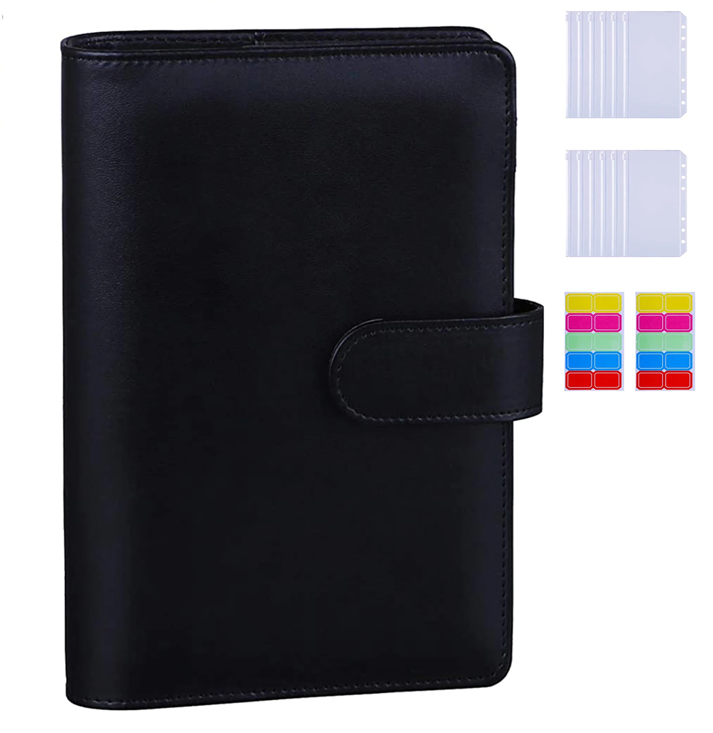 A6 PU Leather Budget Binder Cover with 12PCS A6 Binder Pockets Loose Leaf Bags 6 Ring Budget Binder Zipper Cash Envelopes System