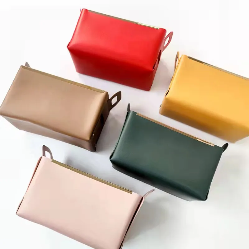 Desktop PU Leather Storage Box Foldable Sundries Storage Basket Leather Metal Tray With Handle Home Decor