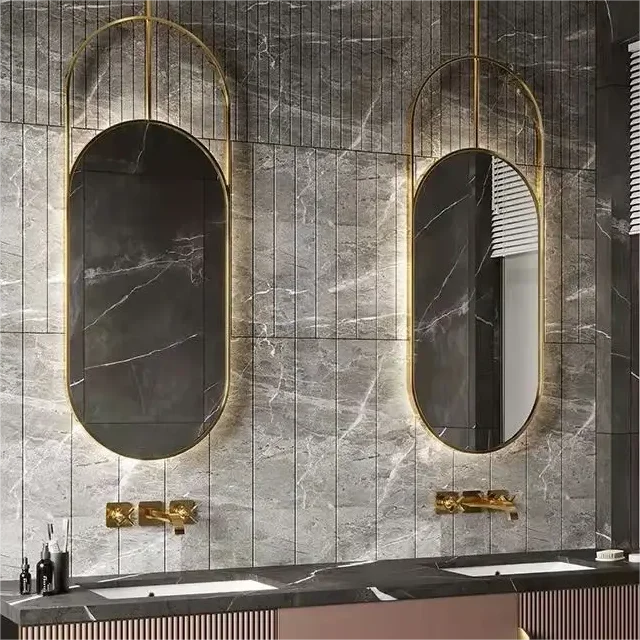 Large Oval Irregular Gold Frame Touch Sensor miroir Suspendu Led Wall Spiegel Arched hanging Bathroom Lighting Ceiling Mirror