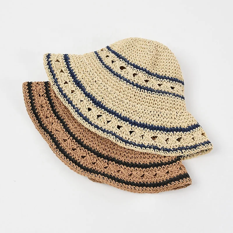 2024 Wholesale Beach Wide Brim Floppy Sun Hat Summer Hollow out Breathable UPF50+ Stripe Hand Woven Packable Straw Hat for Women