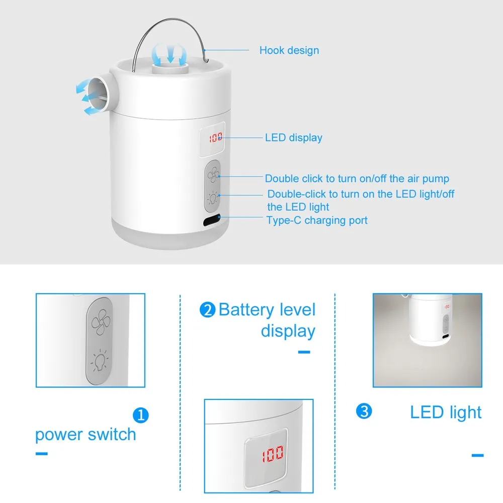 Portable Cordless Electric Compressor Inflation Deflation Pump LED Light Inflation Pool Air Mattress Bed Swimming Rings Air Pump