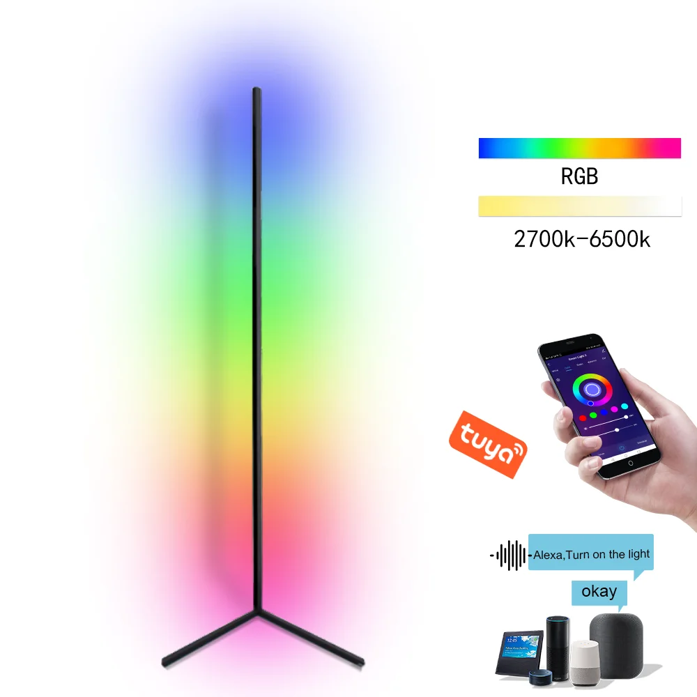 Modern Nordic simple design luxury vibrancy color changing remote control corner standing T tripod LED RGB floor lamp