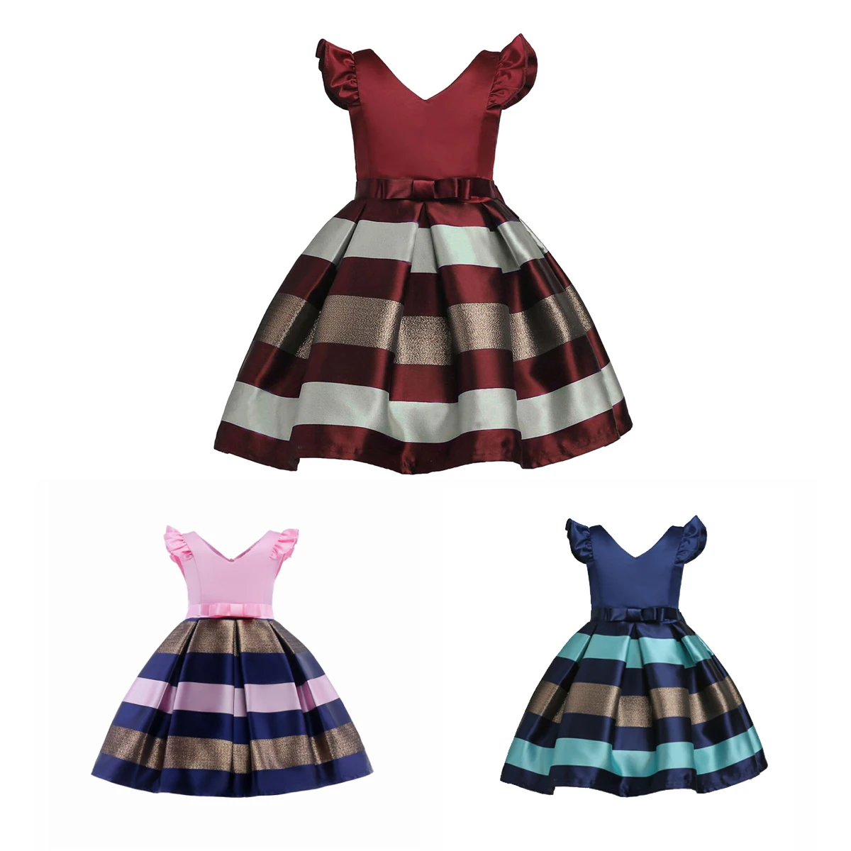 Girls Dress Children Party Gown High Quality Kids Girl Wedding Dress Gown Party Ruffles Stripe Dresses With Bow Princess Frock