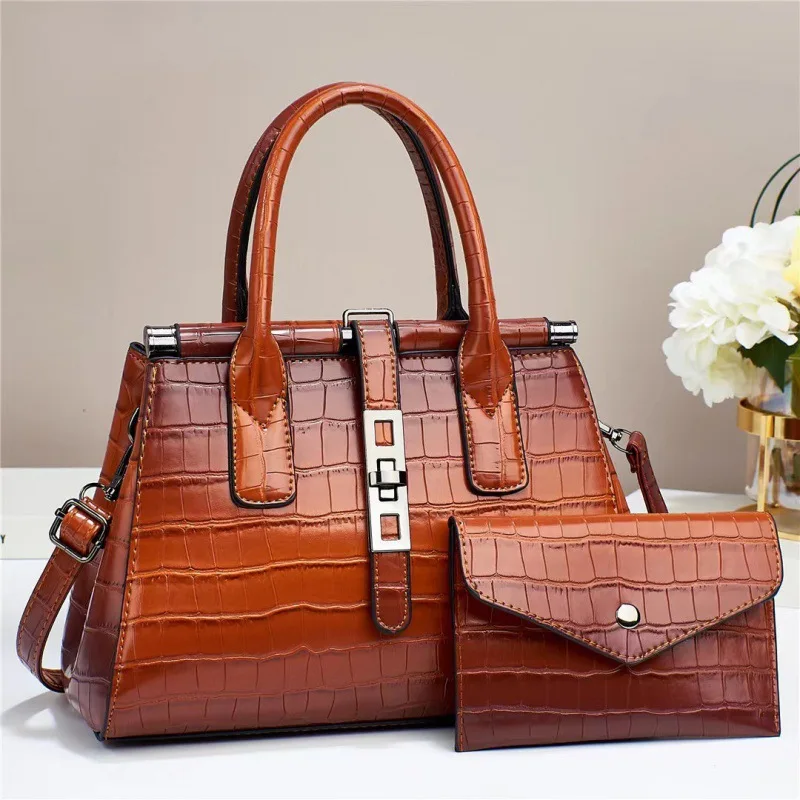 2024 New Models Bright Leather Stone Patterns Stylish Tote Bag High Quality 2 Pieces Set Large Handbag