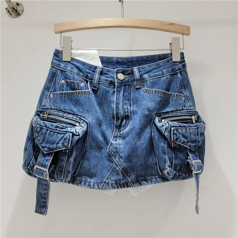Vintage Denim Shirts Cargo Skirt Fashion Low Waist Mini A-line Jean Skirt With Pockets For Women