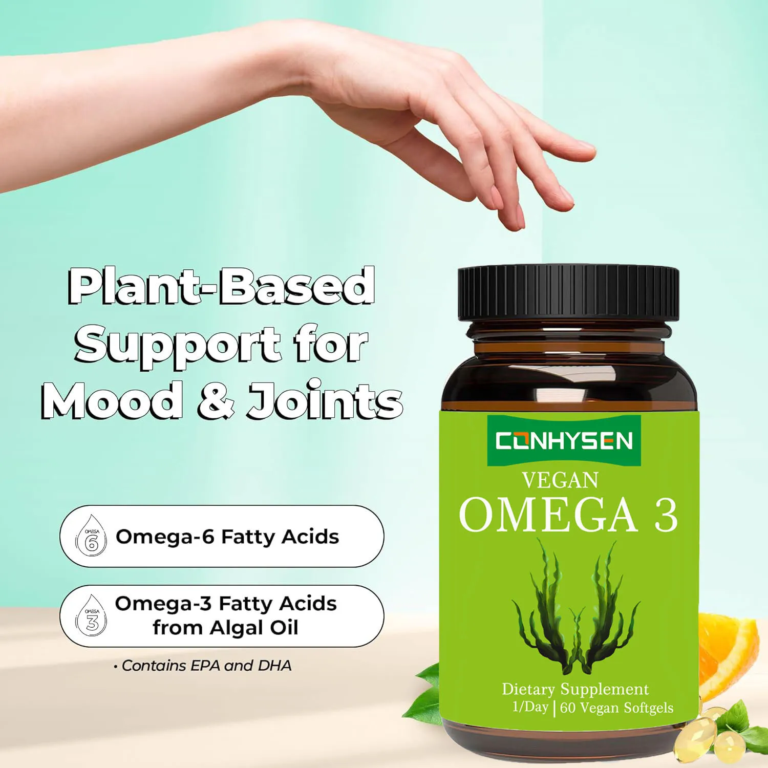 Private Label Algal Oil Omega 3 Omega 6 Vegan DHA EPA Vegan Omega 3 Softgel Capsules Support Heart Brain Health & Joint Mobility