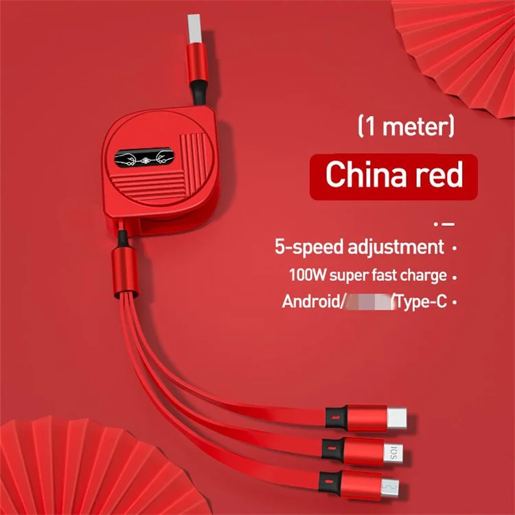 100W Fast charging 6A  cable 3 in 1 Retractable Charging Cable Usb Fast Charger Micro Usb Type C Date Cable