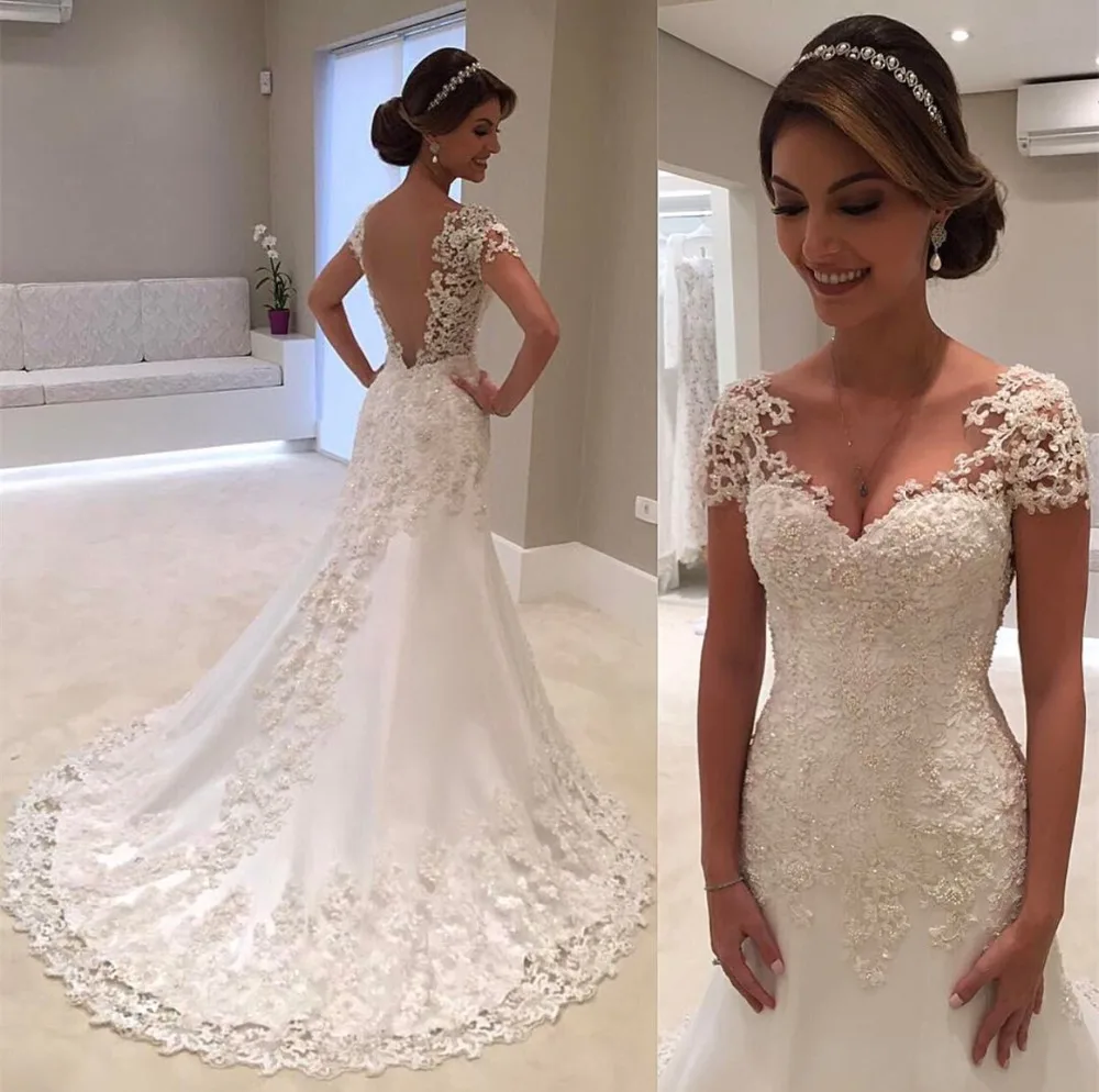 hot Trumpet Romantic Wedding Dress V neck Backless mermaid wedding dress elegant in african lace fabric for women wedding dress