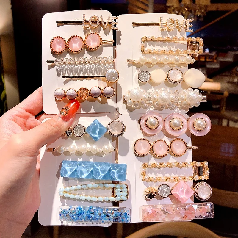 3/5PCS/Set Ins New Women Girls Elegant Pearls Geometric Hairpins Sweet Headband Hair Clips Barrettes Fashion Hair Accessories