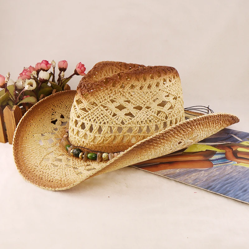 Wholesale Hat Sale Buy Dallas Leather Silicone Plastic Bead Hollowed Out wicker cowboy hat with seashells