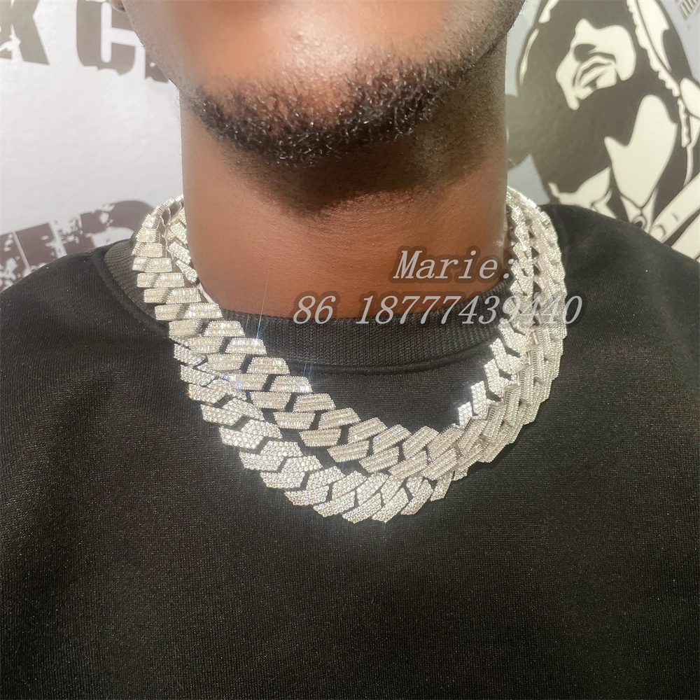 20mm width 925 sterling silver with vvs moissanite pendant necklace cuban link chain baguette diamond luxury hip hop jewelry