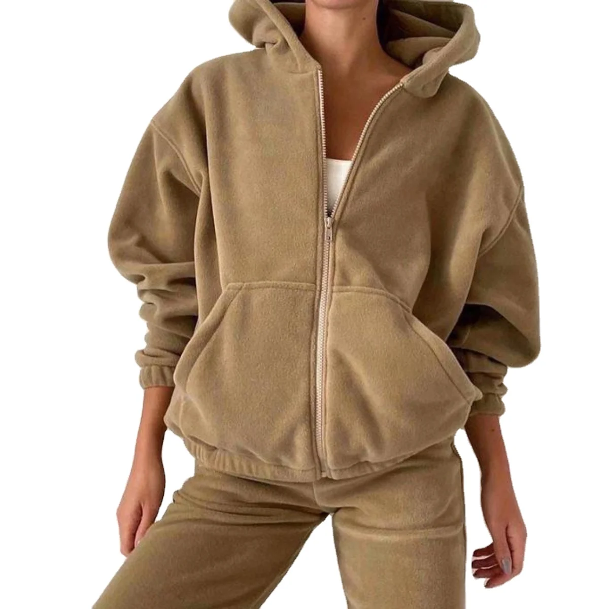 Custom LOGO Winter Tracksuit Hoodie Casual Women Fleece Hoodie Two Piece Sets Zipper Outerwear Street-wear Tracksuit