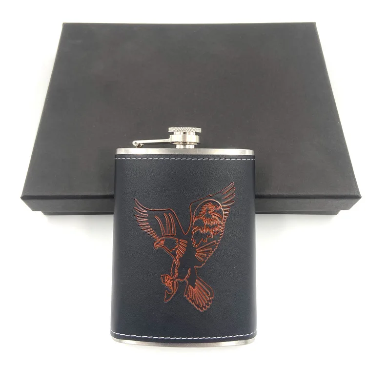 Wholesale Stainless Steel 8oz Black Leather Eagle Design Hip Flask Russia Whisky Hip Flask