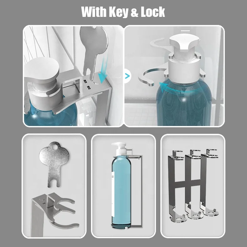 304 Stainless Steel Shampoo Bottle Soap Holder Hanger Rack Hotel Soap Dispenser Wall Bracket With Safety Lock