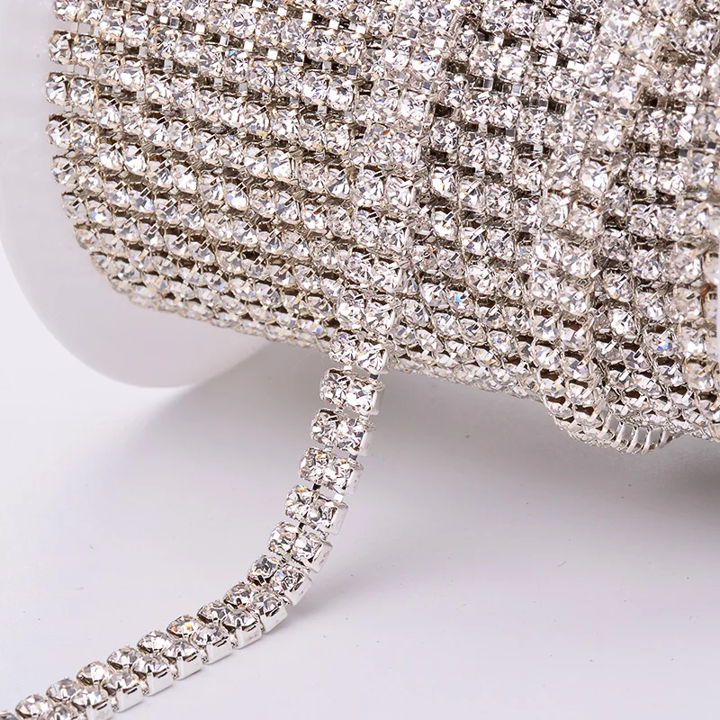 JUNAO 1 2 3 Rows SS12 Sil ver Crystal Trim 10 Yard Clear Glass Rhinestones Chain Sewing Stones Ribbon For Jewelry Dress