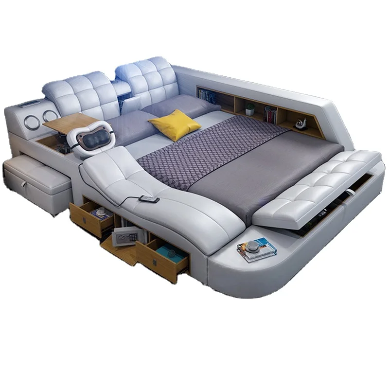 HUIJUUPIN ec eo1Hot Sale Multifunction Leather And Fabric Bed With Massager/Led/Locker/Usb Audio For Bede