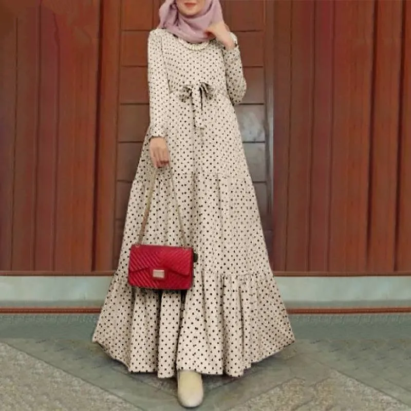 New Design Casual Wear Islamic Clothing Polka Dot Abaya dubai Ladies Party Women Turkey Dresses robe Muslim ethnic crew neck
