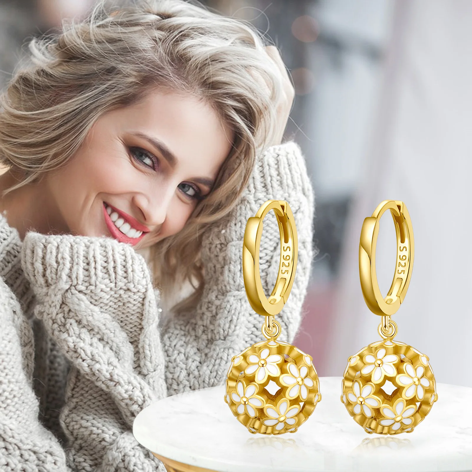 New Arrival 925 Sterling Silver Gold Plated Daisy Flower Ball Drop Dangle Hoop Earrings For Women
