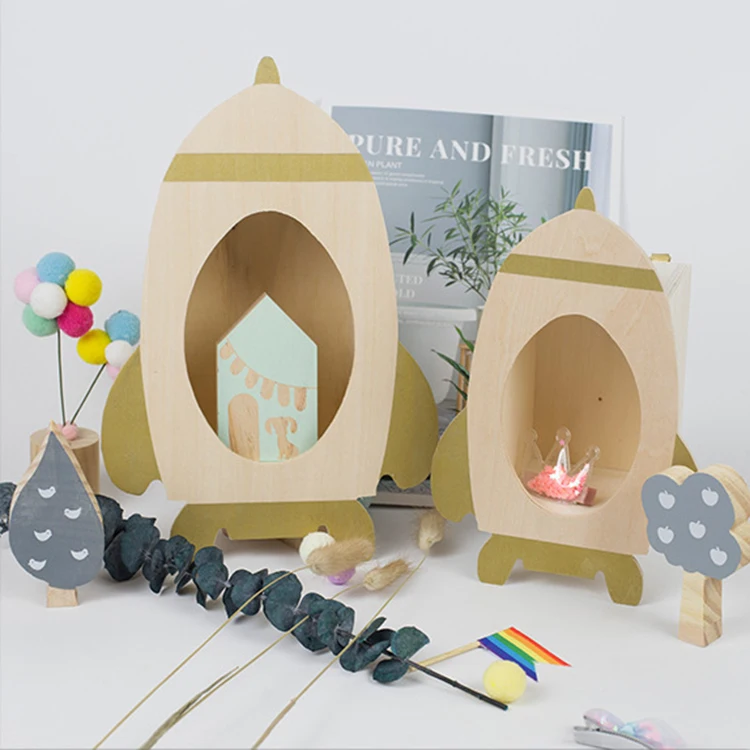 Nordic handmade wooden rocket storage shelf home decorations baby nursery decor for children room