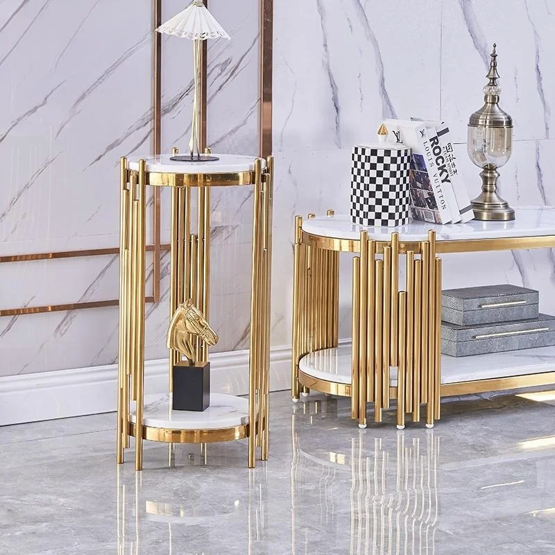 Hotel Modern Banquet Furniture Marble Top Gold Stainless Steel Round Wedding Cake Table Set for Events Flower Stand Side Table