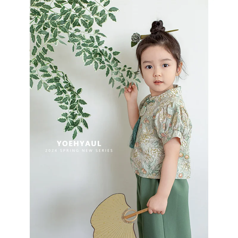 YOEHYAUL EX0016 Qipao Summer Two Girls Floral Suit Sweet Cute Chinese Stand Collar Shirt Straight Pants Suit for Children