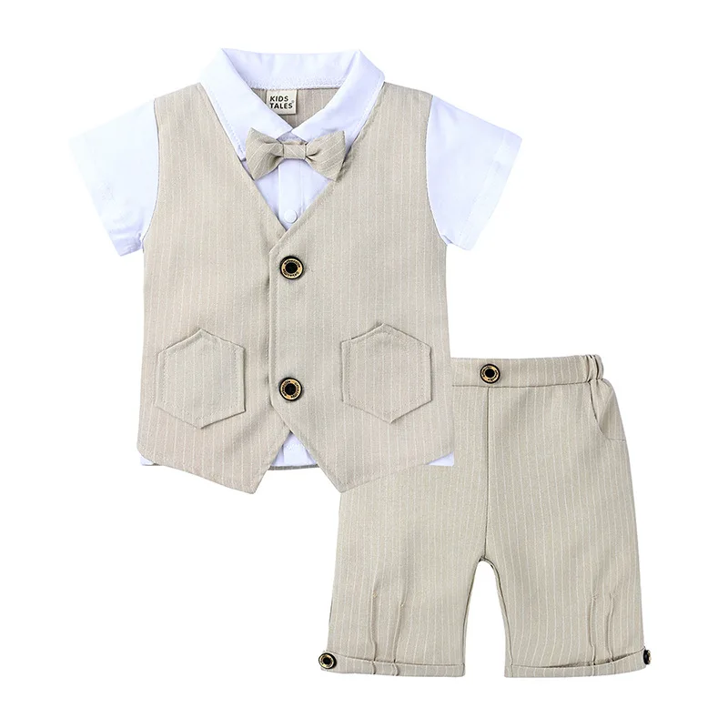 High Quality 100% Cotton British Boys Harness Unique Summer Casual Party Dress Suits with Short Sleeves Guaranteed