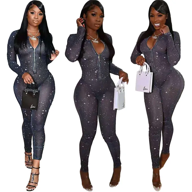 Black Long Sleeve Streetwear Bodysuit Pants Sexy Mesh See Through One Piece  dickie women romper