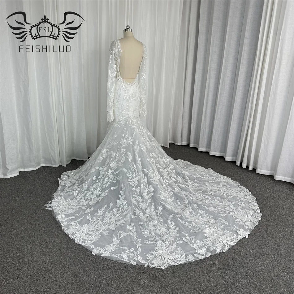 FEISHILUO Luxury Bead Lace  Mermaid Wedding Dresses long Sleeves Ivory Bridal  Dress Gown Custom Made