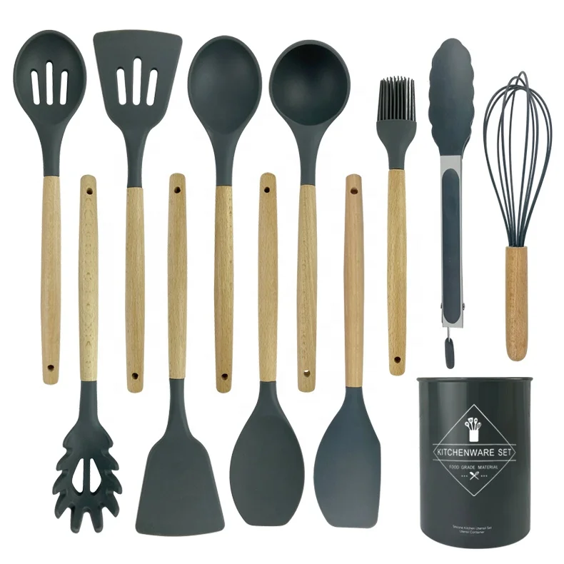 Factory Good Price 12 Pieces Silicone Kitchen Utensils Set With Wooden Handle 12PCS Silicone Kitchen Tools Kitchen Accessories