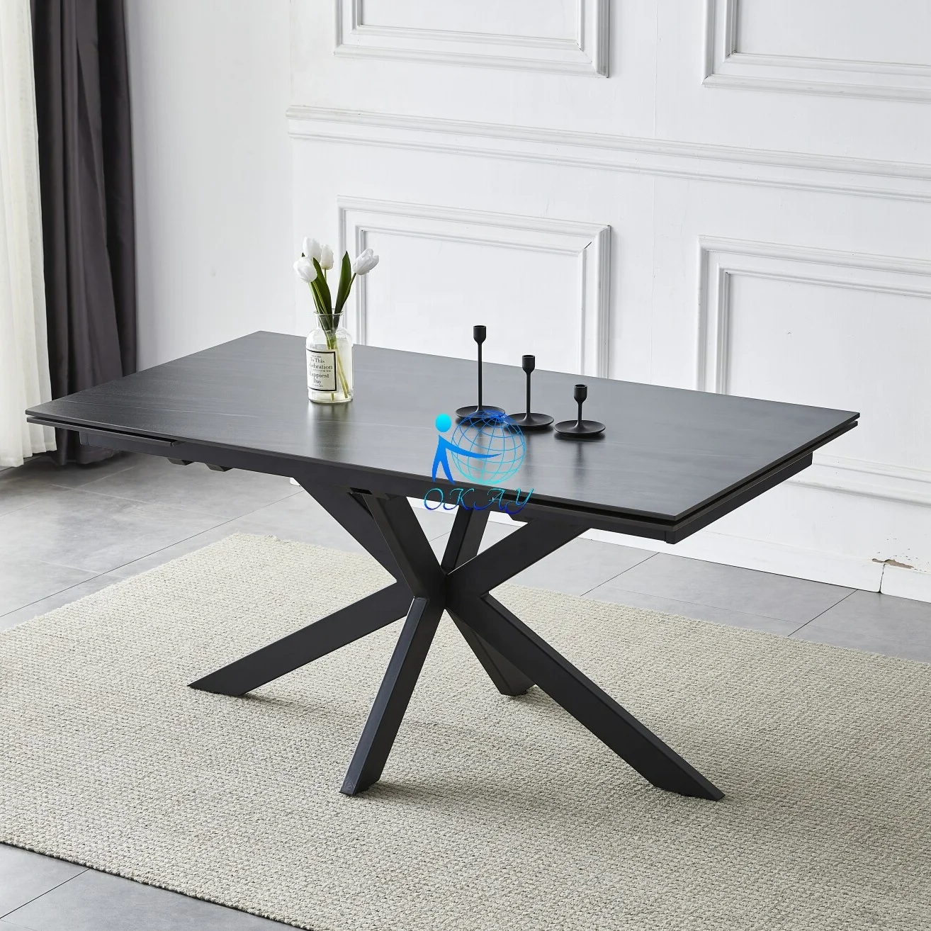 Wholesale dining room furniture length adjustable rectangular sintered stone top metal base dining table