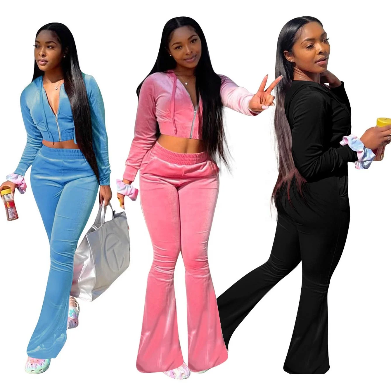 Зимний Бархатный спортивный костюм с капюшоном, наряды, комплект из двух предметов с брюками, Женский Велюровый костюм из двух предметов с колокольчиком