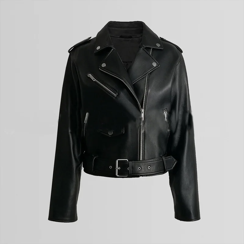 Wholesale Cropped Luxury Women Real Sheepskin Leather Jackets with Zippers