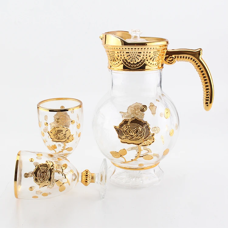 New Wholesale Golden Water Jug Glass Water Set 7pcs glass tumbler jug Pitcher Set With Lid glass water set