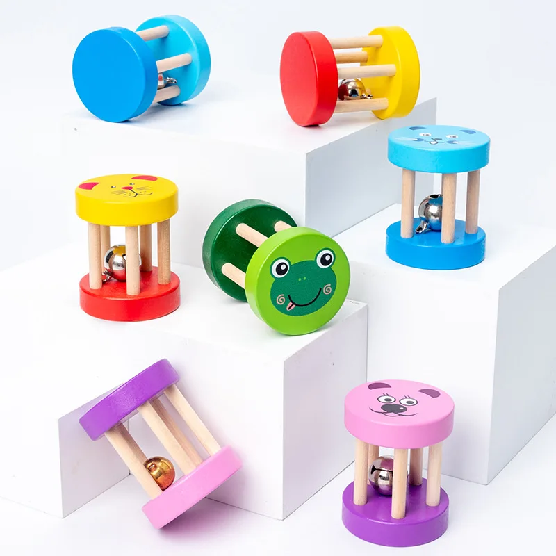 Cartoon Hand Bells Wooden Baby Rattles Toys Colorful Baby Rattle Toys Kids Wooden Ring Bell education kit grasp children wooden