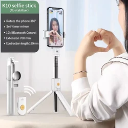 Hot Sale K10 Universal 360 Degree Rotatable with Tripod Bendable Black Mirror remote control Smartphone Phone fold Selfie Stick