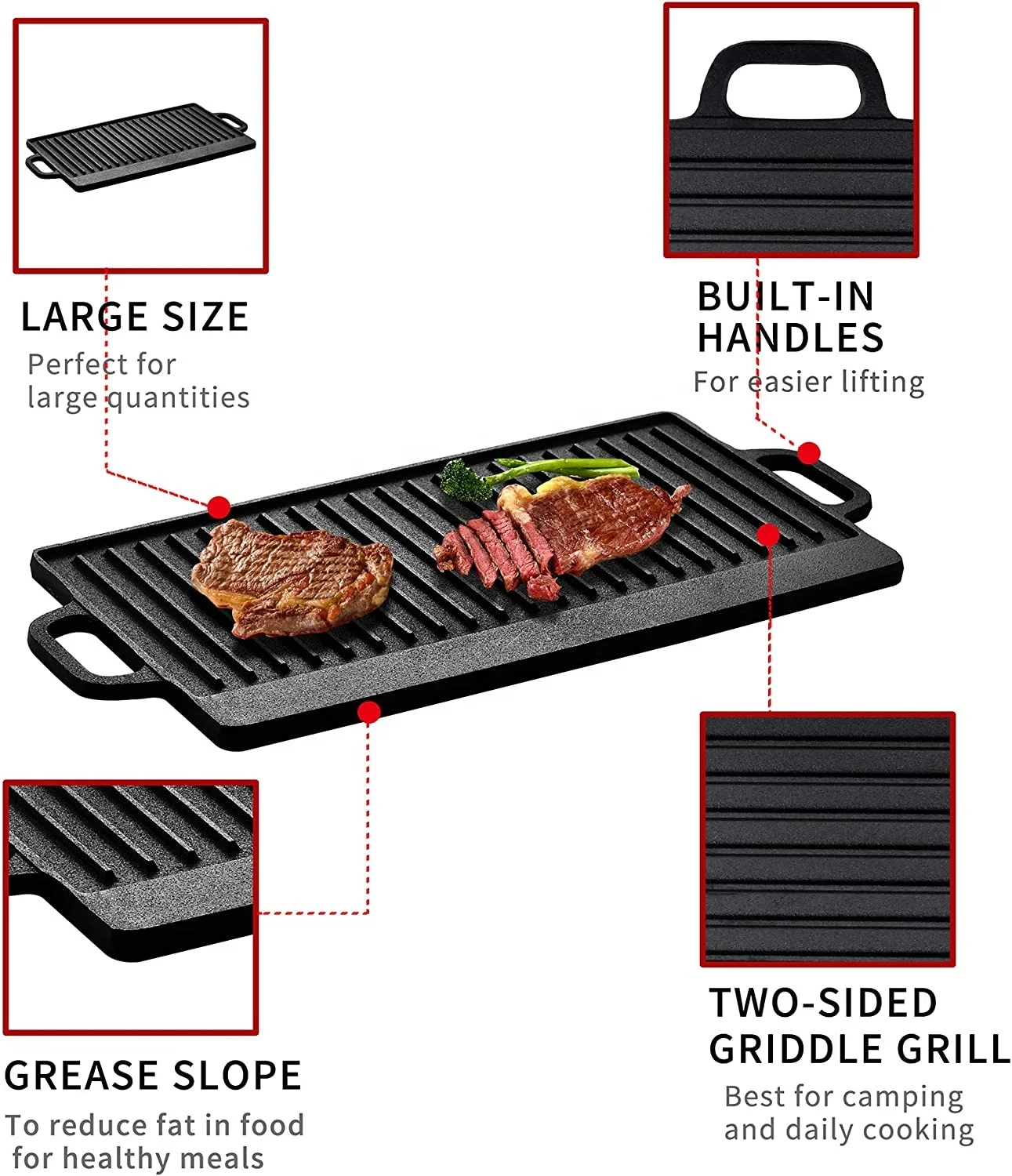 Non Stick 51cm Cast Iron Griddle Plate Fry Pan Grill BBQ Rectangular Double Griddle For BBQ