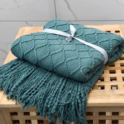 Diamond Pattern Sofa Blanket Bed Throw Blanket Solid Color Knitted Tassel Nap Blanket