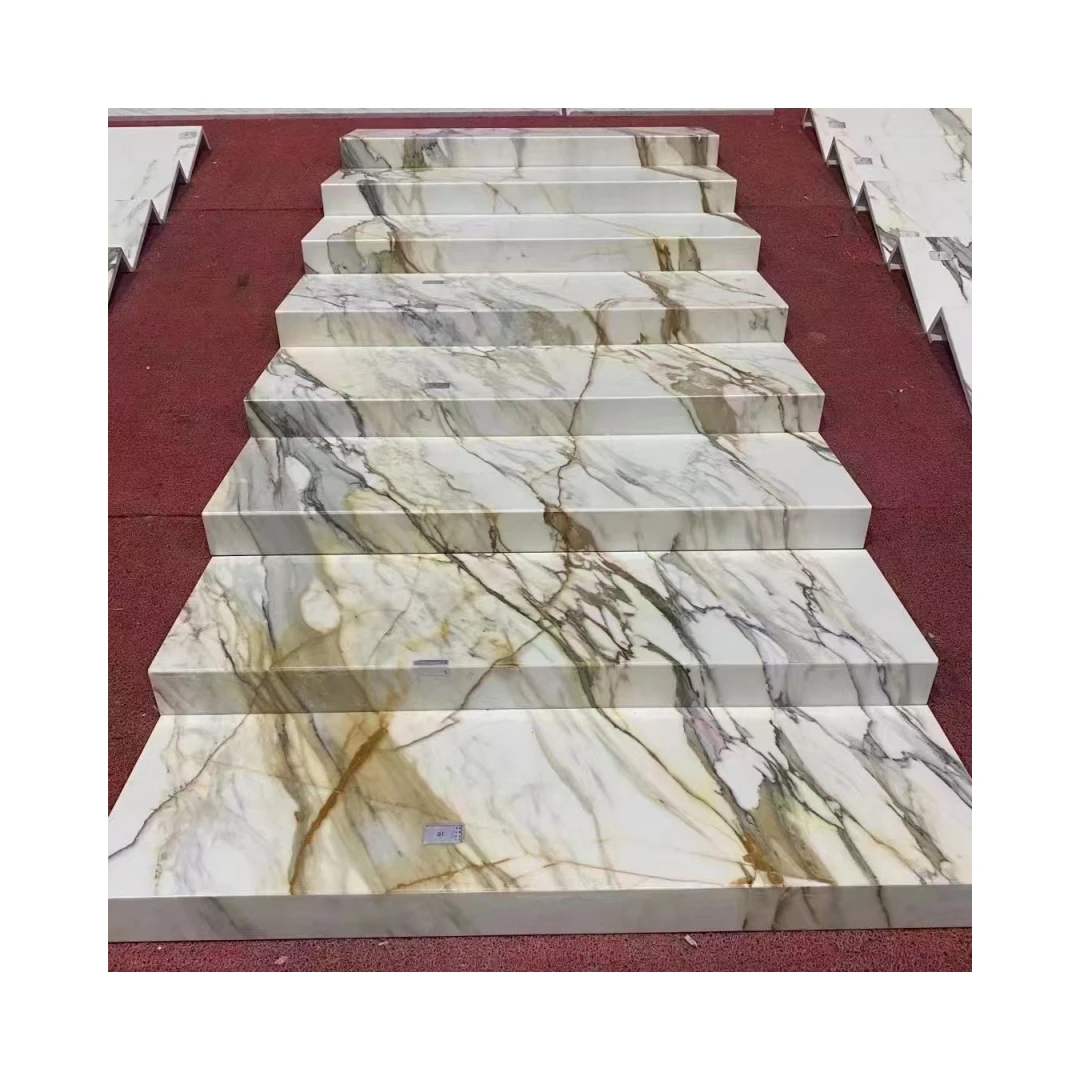 Luxury Interior Marble Staircase Customized Polished Calacatta Gold Marble Flooring Step Stair For Villa Project