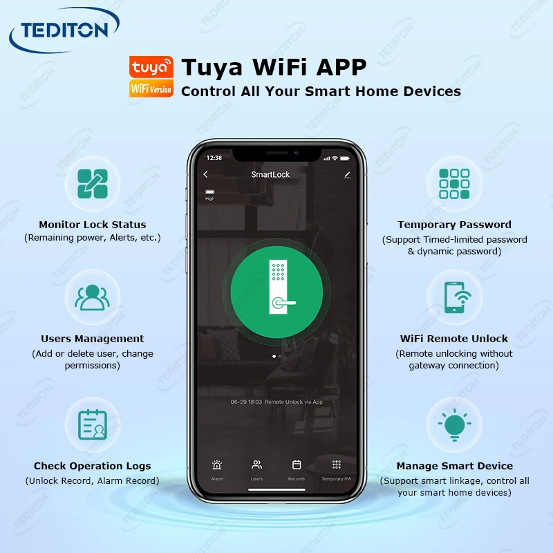 Tediton IP66 Waterproof Remote Control Tuya Smart App Password Code Card Rim Double Sided Fingerprint Smart Door Lock